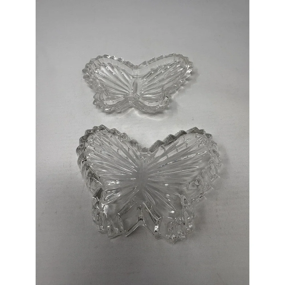 Vintage 90's Clear Crystal Butterfly Shaped Trinket Dish With Lid No Chips